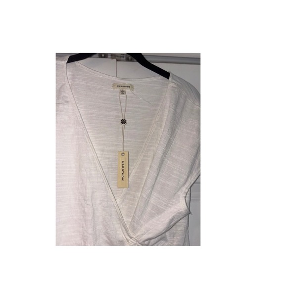 Max Studio White Ruched Front V-Neck‎ Top Casual Blouse Short Sleeve L - Picture 2 of 4